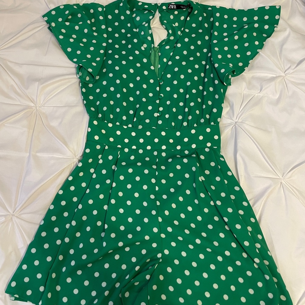 ZARA GREEN AND WHITE POLKA DOT ROMPER